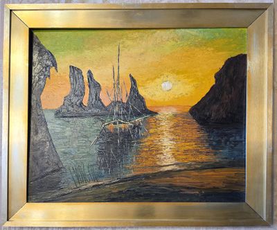 an oil painting of a sailboat in the ocean with rocks in the background