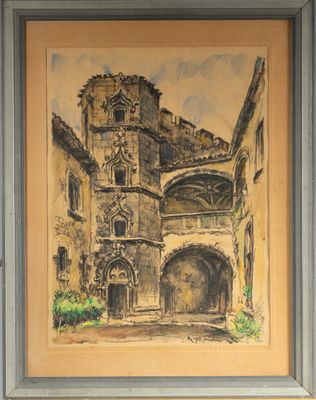 peinture représentant un vieux bâtiment avec une tour horloge en son centre