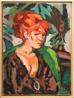 une peinture à l'huile représentant une femme aux cheveux roux vêtue d'une robe noire