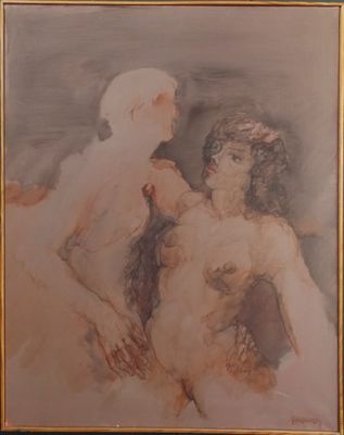 tableau représentant une femme nue et un homme assis sur un canapé