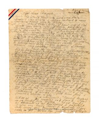 an old letter with a red, white, and blue stripe on it