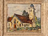 an oil painting of a church with a steeple and a steeple tower