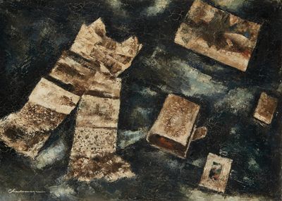 une peinture représentant une paire de chaussettes posée par terre