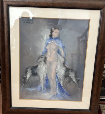 un tableau représentant une femme en robe bleue avec un chien