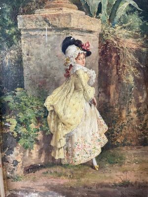 an image of a painting of a woman in a yellow dress and hat