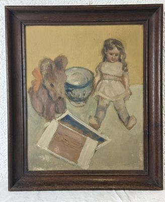 a picture of a painting of a little girl and a teddy bear