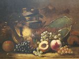 une peinture représentant une nature morte avec des fruits et une théière