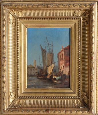 une peinture à l'huile représentant une scène de port avec des bateaux et des bâtiments