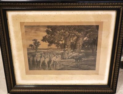 an old picture of a group of sheep grazing in a field
