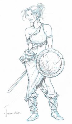 drawing of a woman in armor holding a sword and shield