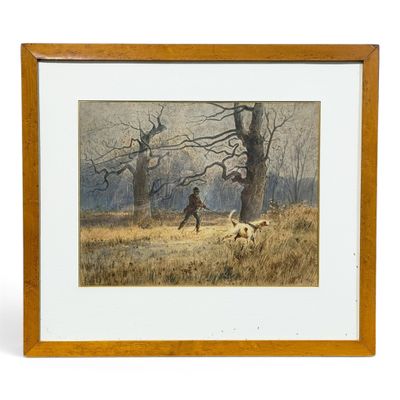 tableau représentant un homme et un chien dans un champ parsemé d'arbres