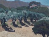 an oil painting of olive trees in a field with a house in the background