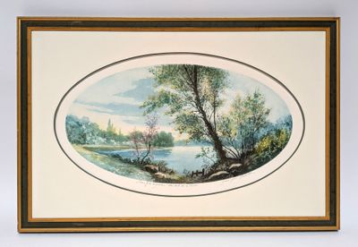painting of a landscape with a river and trees in a gold frame