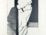 une image représentant un dessin en noir et blanc d'une femme adossée à un mur