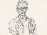 an ink drawing of a man sitting on a chair with his arms crossed