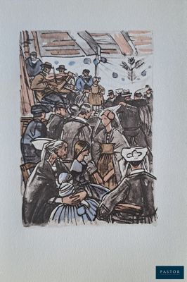 une photo d'un tableau représentant un groupe de personnes sur un bateau
