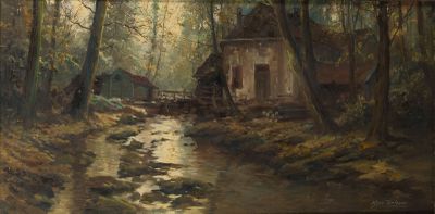 painting of a stream running through a forest with a house in the background