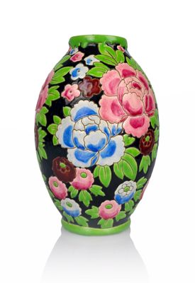 a black vase with a colorful floral design on it