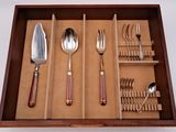a wooden tray with silverware and utensils in it