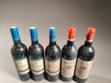 six bottles of wine are lined up in a row