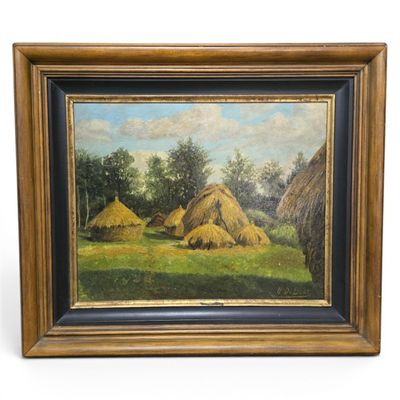 an oil painting of a farm scene with hay stacks in the foreground
