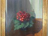 une peinture à l'huile représentant une plante en pot posée sur une table près d'une fenêtre
