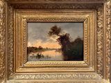 une image d'une peinture représentant une scène de rivière avec un bateau dans l'eau