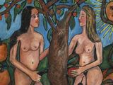 painting of two naked women standing next to a tree with fruit on it