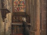 painting of a woman standing in front of a stained glass window