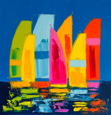 une image représentant un tableau de voiliers colorés flottant sur l'eau