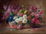 peinture représentant des fleurs dans un vase posé sur une table, sur fond marron
