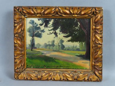an oil painting of a country road with trees in the background