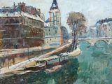 painting of a painting of a river with a bridge and buildings in the background