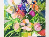 a painting of flowers in a vase on a table