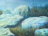 a painting of rocks and grass on the ground
