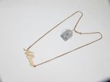 gros plan d'un collier sur une table avec une étiquette dessus