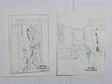 two drawings of a woman standing in a doorway and a man sitting in a chair