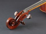 a close up of a violin on a black background