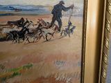 a picture of a painting of a man walking with his dogs