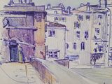 a drawing of a view of a city from a balcony