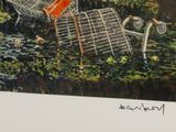 a painting of a shopping cart sitting in the grass
