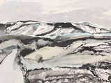 une peinture représentant une montagne enneigée et une route