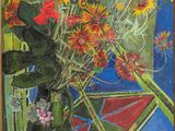 une peinture de fleurs dans un vase sur une table