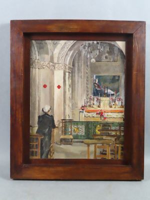 tableau représentant un homme debout dans une église, avec une table et des chaises
