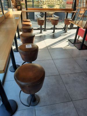 Plusieurs tabourets sont alignés devant une table dans un restaurant