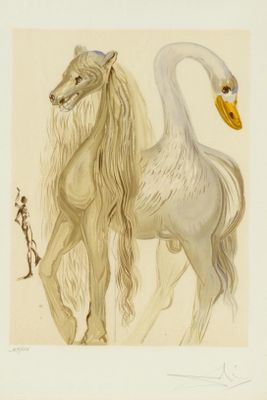 tableau représentant un cheval blanc et un cygne blanc côte à côte