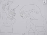 drawing of a man and a woman in a cowboy hat with a gun