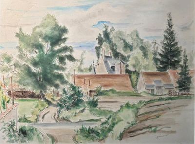 une aquarelle représentant une maison avec des arbres en arrière-plan
