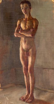 painting of a man standing in a room with a wall behind him