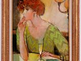 painting of a woman sitting at a table with a glass of wine in her hand